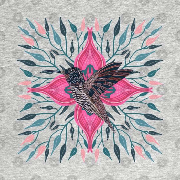 Hummingbird Vibrant Pink Flower and Leaves Design by Suneldesigns